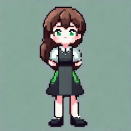 A pixel art image of a girl with brown hair, green eyes, wearing a black dress and black shoes