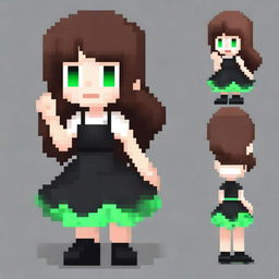 A pixel art image of a girl with brown hair, green eyes, wearing a black dress and black shoes