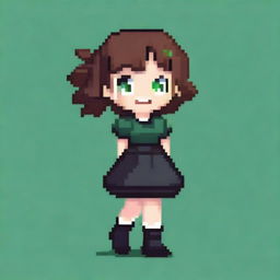 A pixel art image of a girl with brown hair, green eyes, wearing a black dress and black shoes