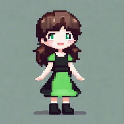 A pixel art image of a girl with brown hair, green eyes, wearing a black dress and black shoes