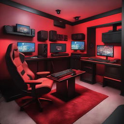 A detailed image of a gamer's room with a red color theme