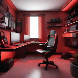 A detailed image of a gamer's room with a red color theme