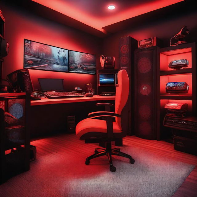 A detailed image of a gamer's room with a red color theme