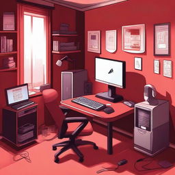 A detailed illustration of a player's room with red walls