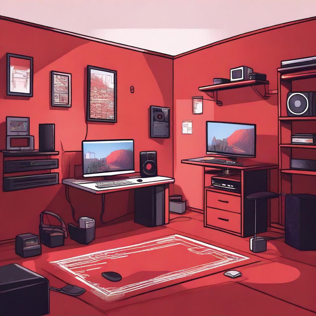 A detailed illustration of a player's room with red walls