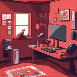 A detailed illustration of a player's room with red walls