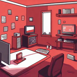 A detailed illustration of a player's room with red walls