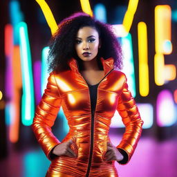 A fashionable woman wearing a tight, shiny orange puffer corset, posing confidently