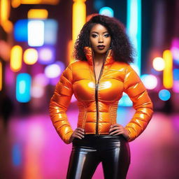 A fashionable woman wearing a tight, shiny orange puffer corset, posing confidently