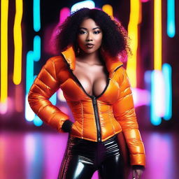 A fashionable woman wearing a tight, shiny orange puffer corset, posing confidently