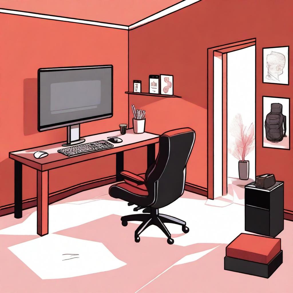 A detailed illustration of a player's room with red walls