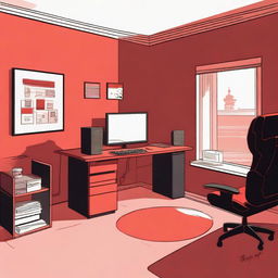 A detailed illustration of a player's room with red walls