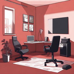 A detailed illustration of a player's room with red walls