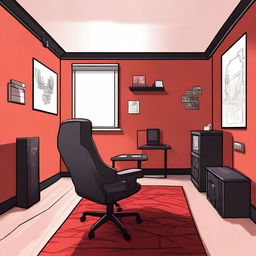 A detailed illustration of a player's room with red walls