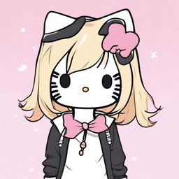 A Hello Kitty with medium-length hair, half dyed blonde and half dyed black