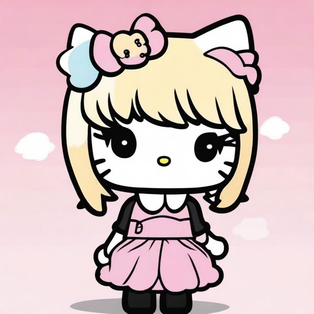 A Hello Kitty with medium-length hair, half dyed blonde and half dyed black