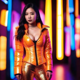 A fashionable Asian woman wearing a tight, shiny orange puffer corset, posing confidently