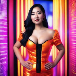 A fashionable Asian woman wearing a tight, shiny orange puffer corset, posing confidently