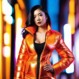 A fashionable Asian woman wearing a tight, shiny orange puffer corset, posing confidently