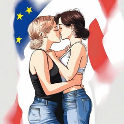 A lesbian couple passionately kissing, with one partner's hand in the other's pants