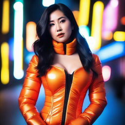 A fashionable Asian woman wearing a tight, shiny orange puffer corset, posing confidently