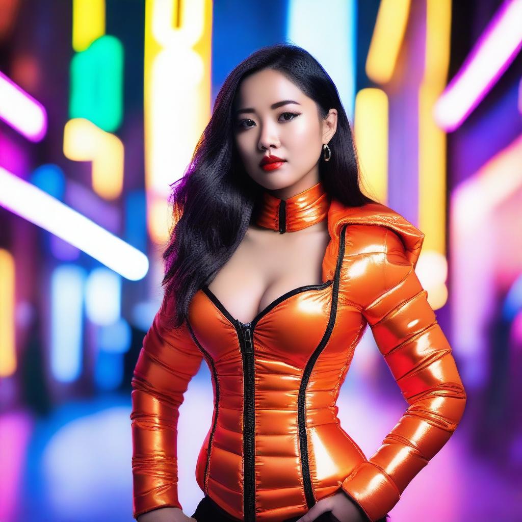 A fashionable Asian woman wearing a tight, shiny orange puffer corset, posing confidently