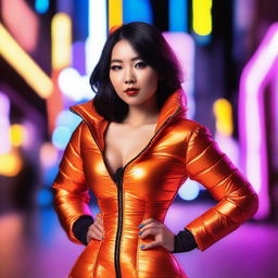 A fashionable Asian woman wearing a tight, shiny orange puffer corset, posing confidently