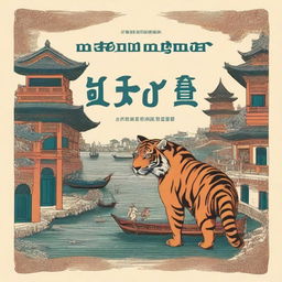 Create a book cover that features a were-tiger prowling through an Asian colonial port town in the 17th century