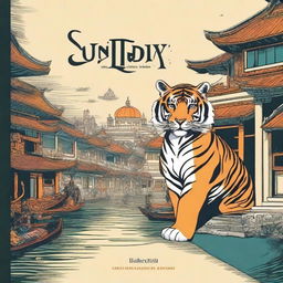 Create a book cover that features a were-tiger prowling through an Asian colonial port town in the 17th century