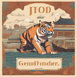 Create a book cover that features a were-tiger prowling through an Asian colonial port town in the 17th century