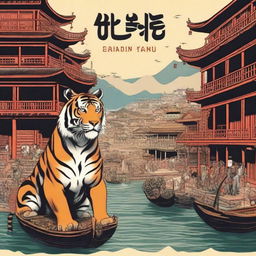 Create a book cover that features a were-tiger prowling through an Asian colonial port town in the 17th century