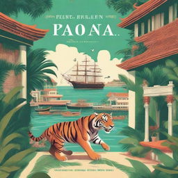 Create a book cover that features a were-tiger prowling through a tropical colonial port town in the 17th century