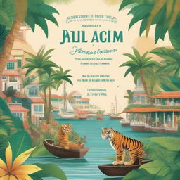 Create a book cover that features a were-tiger prowling through a tropical colonial port town in the 17th century