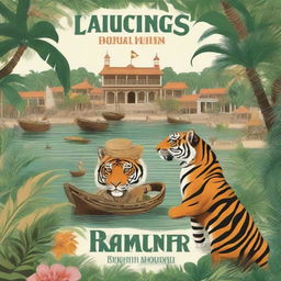 Create a book cover that features a were-tiger prowling through a tropical colonial port town in the 17th century