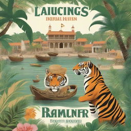 Create a book cover that features a were-tiger prowling through a tropical colonial port town in the 17th century