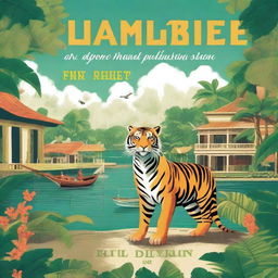 Create a book cover that features a were-tiger prowling through a tropical colonial port town in the 17th century