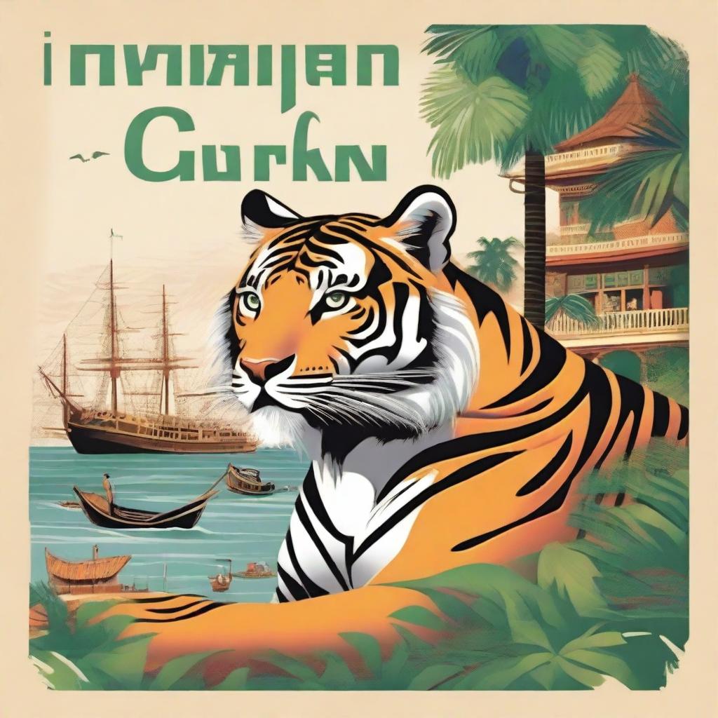 Create a book cover that features the face of a tiger prominently against the backdrop of a Malay tropical colonial port town in the 17th century