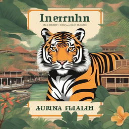 Create a book cover that features the face of a tiger prominently against the backdrop of a Malay tropical colonial port town in the 17th century