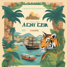 Create a book cover that features the face of a tiger prominently against the backdrop of a Malay tropical colonial port town in the 17th century