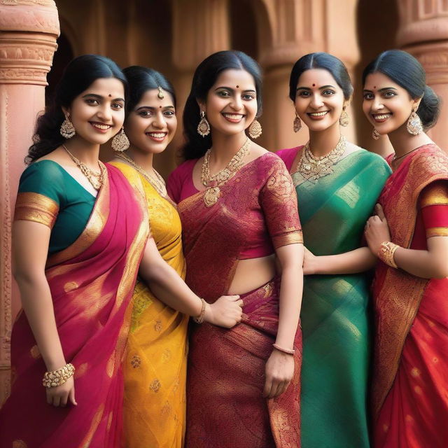 A group of Indian women wearing traditional sarees, with intricate designs and vibrant colors