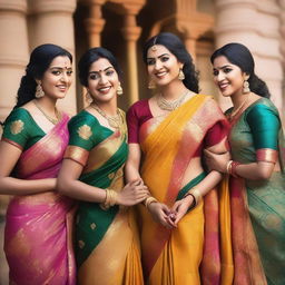 A group of Indian women wearing traditional sarees, with intricate designs and vibrant colors