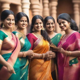 A group of Indian women wearing traditional sarees, with intricate designs and vibrant colors