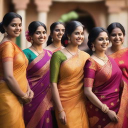 A group of Indian women wearing traditional sarees, with intricate designs and vibrant colors