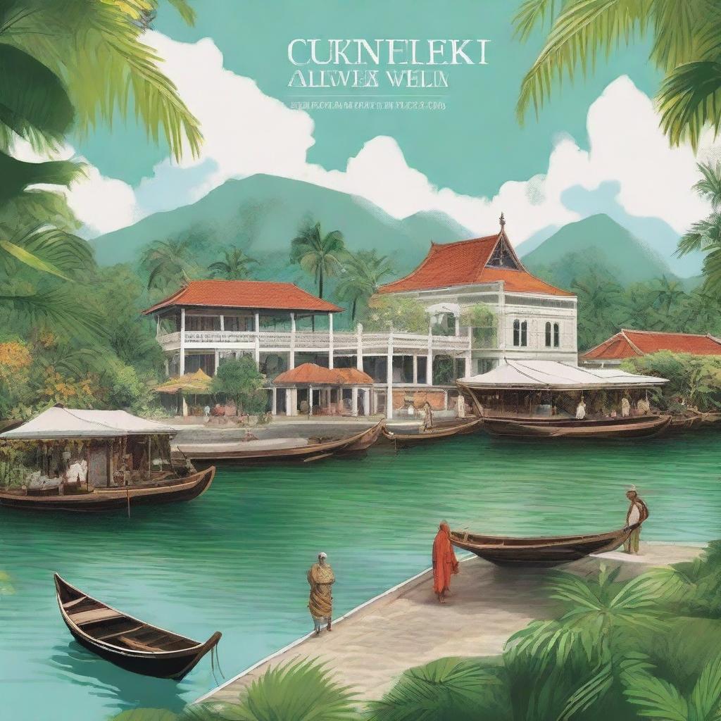 Create a book cover that features a Malay tropical colonial port town in the 17th century