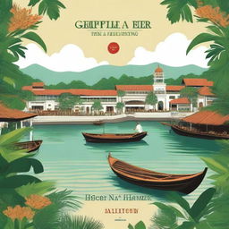 Create a book cover that features a Malay tropical colonial port town in the 17th century