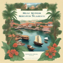 Create a book cover that features a Malay tropical colonial port town in the 17th century