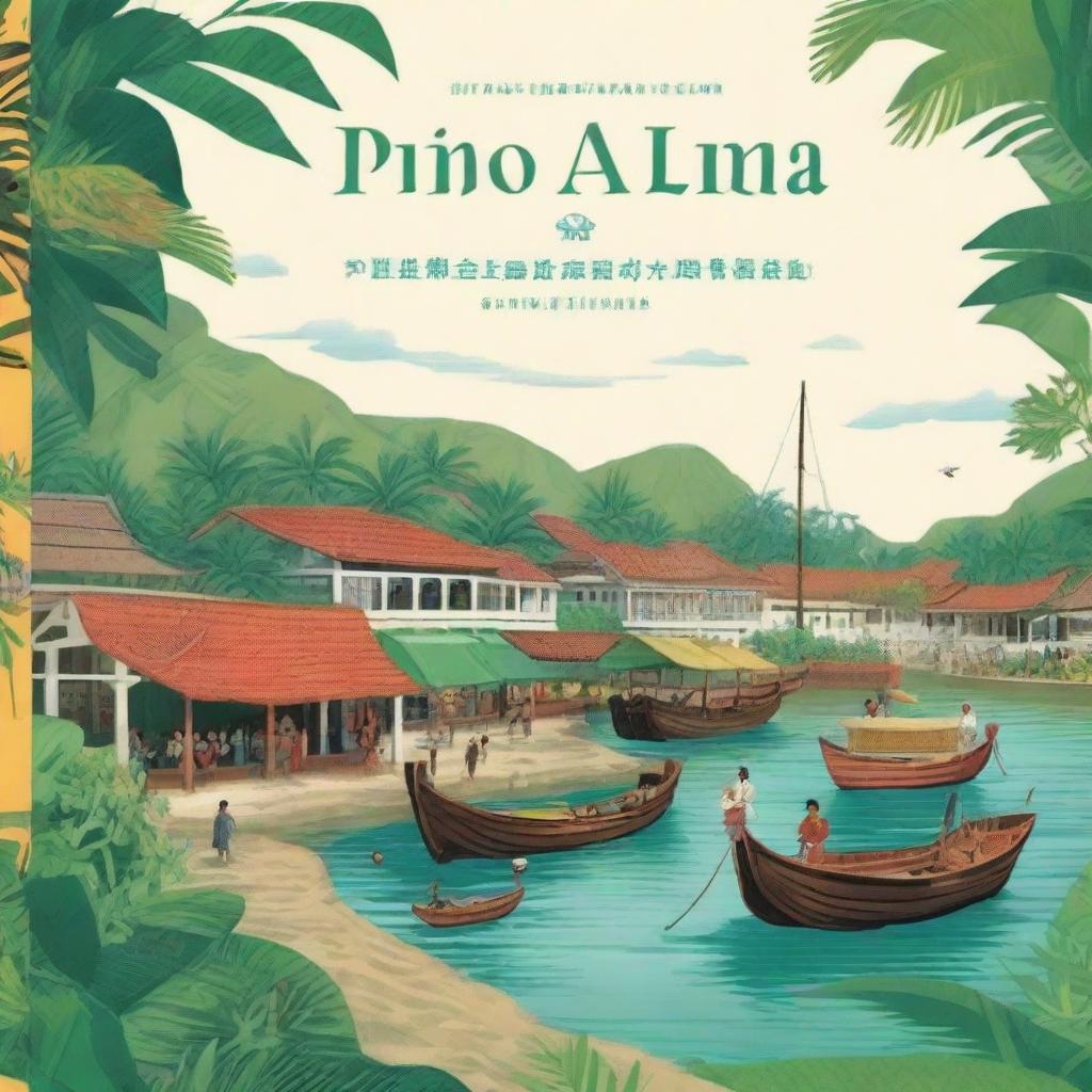 Create a book cover that features a Malay tropical colonial port town in the 17th century