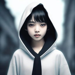 A young girl with a slender frame, short pixie cut, shark-like teeth, and wearing dark tight-fitted clothes and a hooded robe