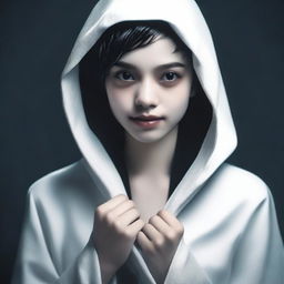 A young girl with a slender frame, short pixie cut, shark-like teeth, and wearing dark tight-fitted clothes and a hooded robe