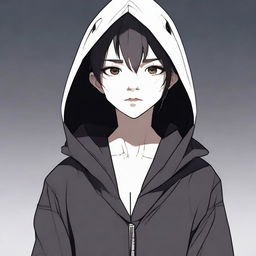 A young non-human girl with a slender frame, short pixie cut, shark-like teeth, and wearing dark tight-fitted clothes along with a black hooded robe